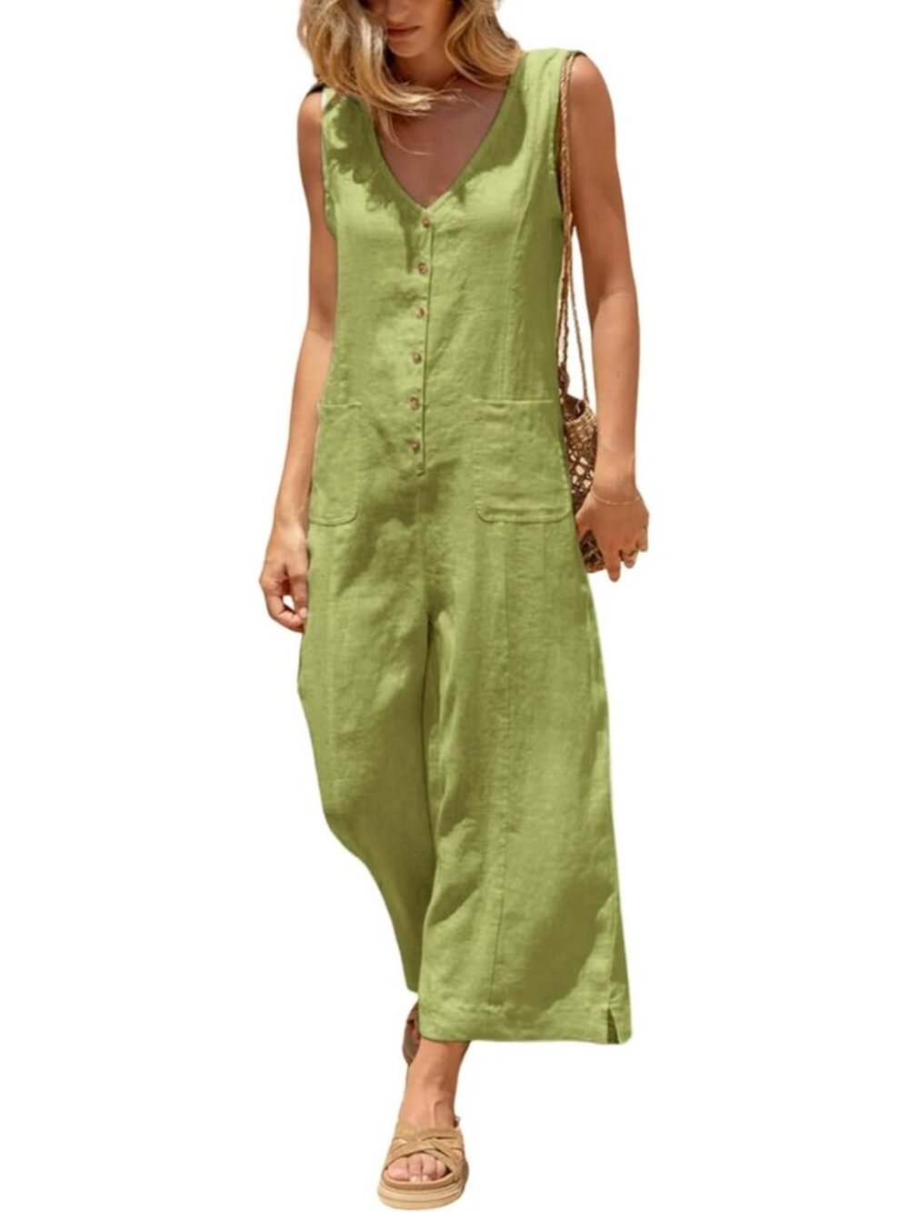 Women's Sage Green Cotton Linen Sleeveless Casual Wide Leg Button Down Romper